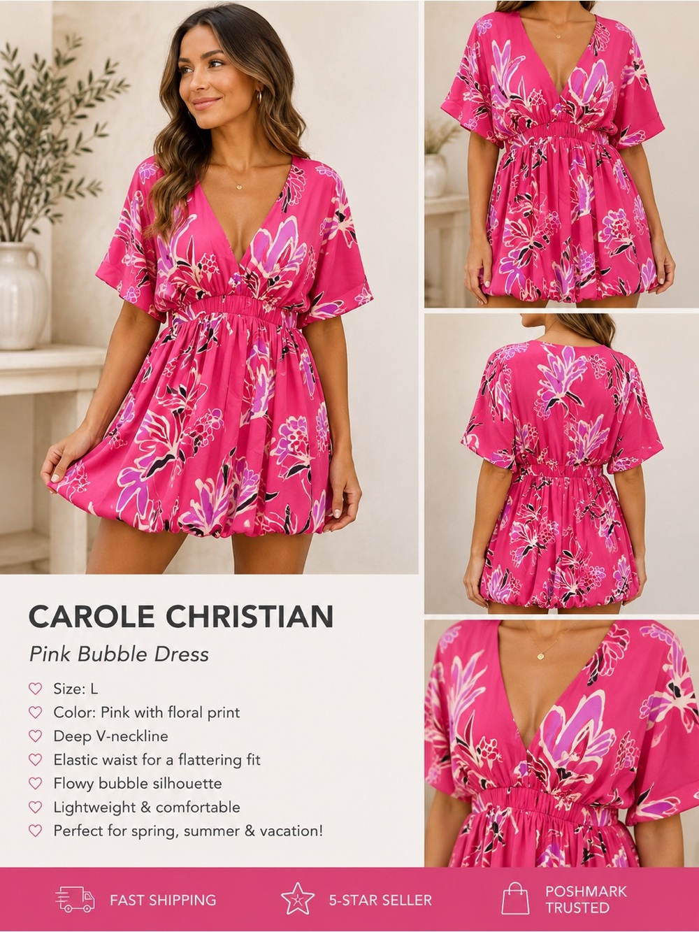 Carole Christian Pink Floral V-Neck Mini Dress